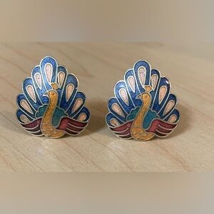 Vintage Cloisonné Peacock Clip On Earrings Blue Pink